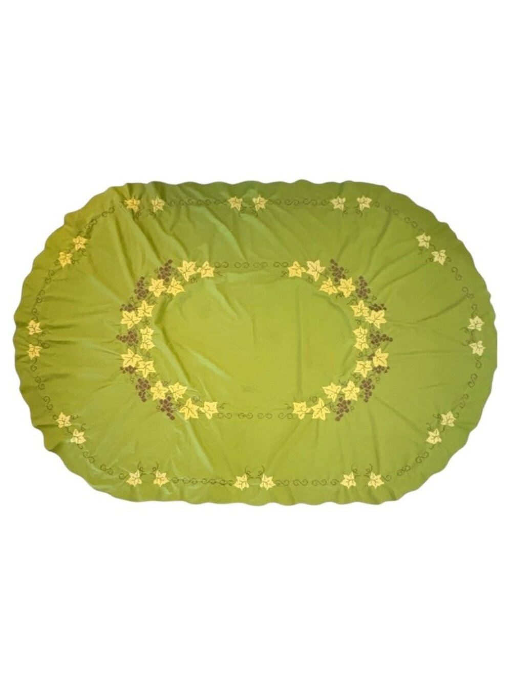 Vtg Hand Embroidered Avocado Green Tablecloth Oval 82 x 56 MCM Grapevine